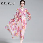 Z.R.Zoro奢侈品真絲連衣裙女2025秋季新款精致蕾絲拼接法式長裙氣質(zhì)真絲裙 粉紫花 S