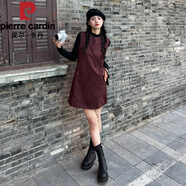 皮爾卡丹（pierre cardin）鹿皮絨背心裙配包包長(cháng)袖t恤打底衫兩件套連衣裙復古短裙套裝女春 酒紅色 S