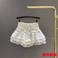 美安嘉美式復古彈力牛仔蛋糕百褶半身裙女夏新款蕾絲花邊拼接蓬蓬裙褲裙 白色 S