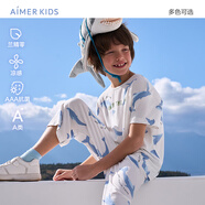 愛慕兒童家居服男童孩蘭精莫代爾短袖上衣七分褲睡衣套裝男藍(lán)鯨170