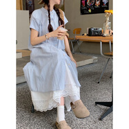 FSHE大碼女裝溫柔風連衣裙女夏季初戀清純奶甜裙子顯瘦疊穿襯衫裙百搭 藍色襯衫+半身裙 【兩件套】 2XL