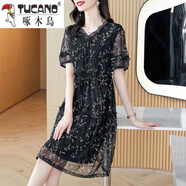 啄木鳥(niǎo)碎花雪紡連衣裙女裝夏季2025年新款小個(gè)子氣質(zhì)洋氣大尺碼寬松 黑色 XL (110-120斤)