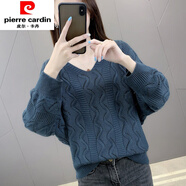 皮爾卡丹（pierre cardin）夏裝鏤空針織長(cháng)袖網(wǎng)衫女春秋新款蝙蝠罩衫薄款毛衣女寬松v領(lǐng)上衣 藏藍色 S 建議80-90斤