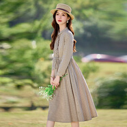 HERAGAIA高端100%純棉長(cháng)袖格紋連衣裙女2025春秋新款修身顯瘦中長(cháng)款時(shí)尚 米格子 122677 M