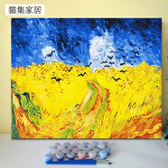 潤華年數(shù)字油畫diy梵高星空 咖啡館向日葵手工填色手繪油彩畫客廳油彩畫 6343 麥田烏鴉 50x60繃內(nèi)框+顏料畫筆+白色相框