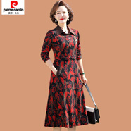 皮爾卡丹（pierre cardin）媽媽春裝連衣裙長(zhǎng)袖闊太太中長(zhǎng)款打底裙中老年女裝春秋襯衫領(lǐng)裙子 紅羽毛花 3XL 參考120-135斤