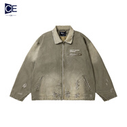 冊裁（CECAI）春秋Cleanfit手工磨破翻領(lǐng)工裝夾克男潮流重工水洗漸變底特律外套 軍綠色 2XL