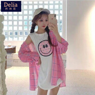 矜持范2025夏季新款設計感糖果色格子襯衫外套女+笑臉背心t恤上衣女 粉色格子襯衫 S 建議（75-90斤）