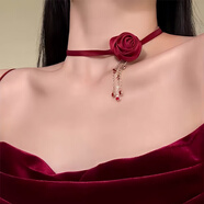 ROSENA SAMMI項(xiàng)鏈女款項(xiàng)圈復(fù)古獨(dú)特珍珠蕾絲choker鎖骨鏈黑色頸鏈護(hù)頸裝飾飾品 山茶花流蘇紅色