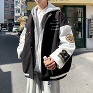 普戈斯（PUGESI）棒球服男外套春秋季胖子加大碼新款潮流寬松百搭拼色圓領(lǐng)夾克 J815黑色春秋連帽款 L