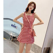 GOCHIEI2025夏韓版吊帶無(wú)袖連衣裙女夏背帶裙系帶可愛(ài)顯瘦復古a字裙新款 紅色吊帶裙 M