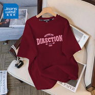 真維斯（Jeanswest）2025年夏季純棉短袖t恤女休閑百搭半袖上衣小清新寬松時(shí)尚打底衫 酒紅 方向 2XL