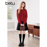 百圖betu女裝2025春季新款毛衣圓領(lǐng)寬松上衣兔子繡花毛衣女2501T06 紅色 S