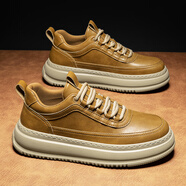 蜘蛛王【冬季新品】板鞋男款2025新款男鞋潮牌感秋冬款休閑皮鞋厚底 黃棕色 41