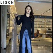 LISCN開叉鏤空針織衫女氣質(zhì)慵懶風(fēng)針織鏤空罩衫長款顯瘦中長款毛衣上衣 經(jīng)典黑色 均碼 [80-145斤可穿]