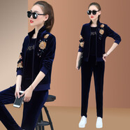 邦奧瑞達 金絲絨運動(dòng)套裝女春秋新款時(shí)尚韓版休閑服顯瘦天鵝絨衛衣三件套 3117寶藍（春秋款） XL（建議110-120斤）