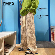 ZMEX直筒休閑褲男新款墜感ulzzang字母滿(mǎn)印boy青少年高街闊腿褲男 米白色  M