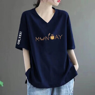 宿萊適合胖人穿的衣服肥婆短袖T恤女大碼胖MM大碼遮肚子印花顯瘦上衣 藏藍色可愛(ài)字母 3XL 3XL185-210斤偏大不用拍大