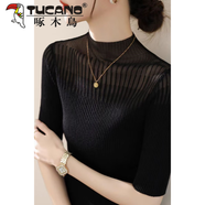 啄木鳥（TUCANO）春夏2025新款半高領(lǐng)網(wǎng)紗拼接中袖修身黑色冰絲針織衫打底衫T恤女 黑色 2XL 合適125-140斤