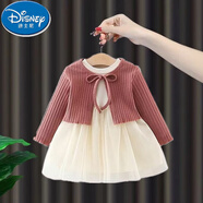 迪士尼（Disney）韓版女童連衣裙套裝嬰兒春裝女寶寶背心裙長(cháng)袖針織開(kāi)衫兩件公主裙 紅色 長(cháng)袖裙+針織開(kāi)衫 90 cm
