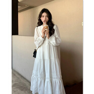 玉極虞甜美學(xué)院風(fēng)娃娃領(lǐng)寬松A字裙女春秋韓版學(xué)生中長(cháng)款白色連衣裙 白色 S 【關(guān)注店鋪配小禮物】