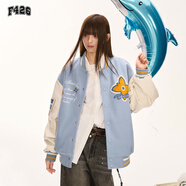 F426國潮牌春季寬松休閑刺繡毛巾繡毛呢棒球服夾克 天湖藍 L