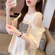 茵侈蕾絲露肩短袖t恤女夏季新款大碼女裝寬松不規則開(kāi)叉中長(cháng)款上衣潮T 杏色 M