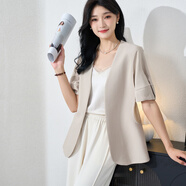 米思陽(yáng)（missshine）2024夏季新款OL短袖拼接外套簡(jiǎn)約綁帶燈籠袖寬松上衣0440 卡其色 M