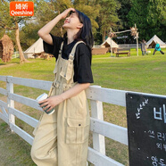 婍妡閨蜜網(wǎng)紅背帶褲套裝女學(xué)生韓版寬松顯瘦春夏2025新款連體闊腿褲潮 奶油杏單件背帶褲 150身高不要拍 M 建議95-115斤