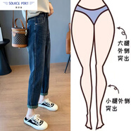 壹源港哈倫牛仔褲女裝2025春夏季新款高腰彈力薄款顯瘦大碼九分老爹褲子 YYG-1227_藍(lán)灰_九分 春夏薄款 L _建議110-120斤