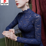 皮爾卡丹（pierre cardin）2024秋冬立領(lǐng)蕾絲打底衫女網(wǎng)紗修身冬季高領(lǐng)洋氣小衫女裝加絨上衣 暗藍(lán)色 常規(guī)款 L
