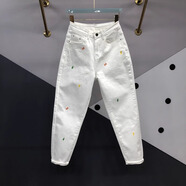 MODX白色繡花哈倫褲女歐洲站2025春秋新款百搭高腰顯瘦棉彈蘿卜牛仔褲 白色 M