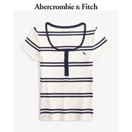 Abercrombie & Fitch【多色亨利領(lǐng)】小麋鹿圖案女裝25夏季修身短袖T恤139-5271 海軍藍條紋 XL (170/112A)