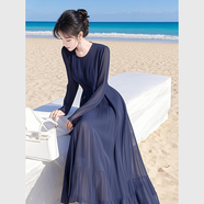 鳶諾2025春裝新款法式感大方得體氣質(zhì)絕美海邊度假藍色雪紡連衣裙 藍色雪紡連衣裙 S 【建議80-95斤】