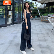 婍妡牛仔背帶褲女減齡2025春新款寬松闊腿直筒高腰大口袋連體工裝長褲 主圖款 S