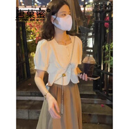 唐菓蜜連衣裙女夏季2024年新款女裝韓版時尚百搭甜美泡泡袖顯瘦港風裙子 杏色上衣 L