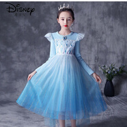 迪士尼冰雪奇緣艾莎公主裙女王加絨女童連衣裙純·棉冬裝加厚禮服紗裙 秋裝藍裙 120 建議身高110