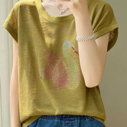 簡言的夏冬短袖t恤女2025新款夏季竹節(jié)棉T恤女圓領(lǐng)洋氣百搭小衫蝙蝠袖上衣 黃色 燙鉆 L 建議105-120斤