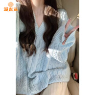 派吉鯊慵懶風(fēng)復古V領(lǐng)麻花燈籠袖套頭毛衣女秋冬新款寬松加厚針織上衣冬 藍色 2XL 建議130-140斤