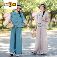 初徑夏季時(shí)尚新款媽媽套裝繡花亞麻短袖上衣民族風(fēng)闊腿褲棉麻兩件套女 藍色 3XL 110-125斤