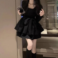 FSHE法式黑色連衣裙女淺春季2025新款小黑裙微胖掐腰蓬蓬公主裙子百搭 【黑色】 M 45/55kg