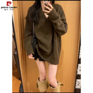 皮爾卡丹春秋冬軟糯V領(lǐng)套頭寬松外穿慵懶風(fēng)咖色美拉德中長(cháng)款大毛衣針織上 咖啡毛衣 M