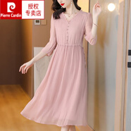 皮爾卡丹（pierre cardin）真絲連衣裙夏季中年媽媽氣質(zhì)2025春季新款純色高端大碼喬其紗裙子 粉色 L 建議105斤-115斤