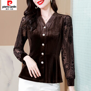 皮爾卡丹（pierre cardin）金絲絨V領(lǐng)t恤女秋冬新款洋氣媽媽修身上衣氣質(zhì)收腰打底衫 1246咖色質(zhì)量 L 建議105-115斤