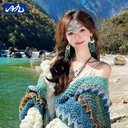 目丸民族風(fēng)披肩針織外搭女圍巾新疆西藏云南川西旅行穿搭旅游斗篷披風(fēng) 民族風(fēng)披肩【藍(lán)色】