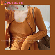 VOYDOVE棉質(zhì)開衫女披肩韓系春秋穿搭吊帶外搭罩衫兩件套加小外套短款上衣 橘色兩件套裝【z開衫+背心】 2XL 【130-140斤】