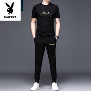 花花公子（PLAYBOY）高檔2024夏季桑蠶絲男士短袖套裝休閑運(yùn)動(dòng)套裝男薄款潮流一套短袖 9812黑色(短袖+長褲) M 165