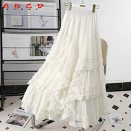 ANED法式蕾絲半身裙重工蛋糕裙女春季高腰網(wǎng)紗蓬蓬裙A字裙長(cháng)裙紗裙子 杏色 M