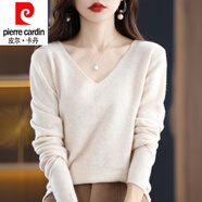皮爾卡丹（pierre cardin）V領(lǐng)打底衫女寬松大1碼簡(jiǎn)約純色羊毛衫氣質(zhì)顯瘦韓版毛衣長(cháng)袖針織衫 原絨米 M 100-110斤