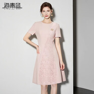 海青藍高級感短袖連衣裙女2025新款春夏季薄款拼接蕾絲時(shí)尚氣質(zhì)顯瘦裙 淺粉色 S